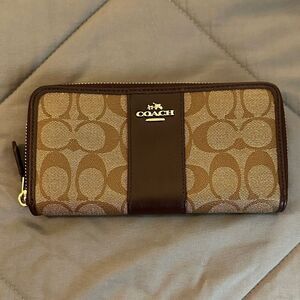 Coach Signature Brown and Tan Zip Wallet